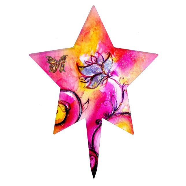 WHIMSICAL FLOWERS & BUTTERFLIES pink blue yellow Cake Topper (Front)