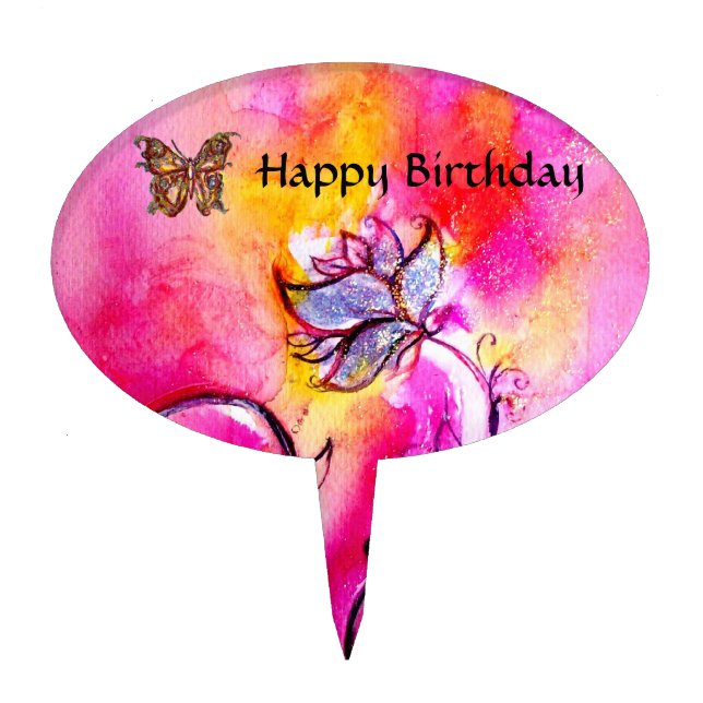 WHIMSICAL FLOWERS & BUTTERFLIES pink blue yellow Cake Topper (Front)