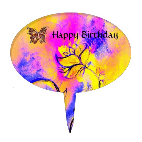 WHIMSICAL FLOWERS  BUTTERFLIES pink blue yellow Cake Topper