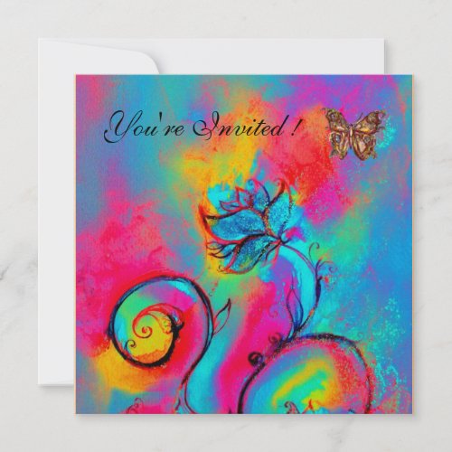 WHIMSICAL FLOWERS  BUTTERFLIES pink blue yellow Invitation