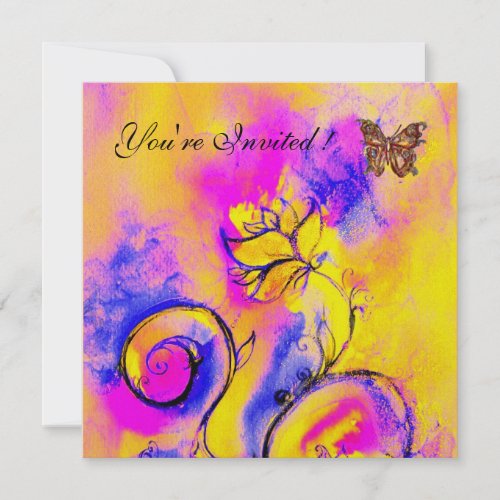 WHIMSICAL FLOWERS  BUTTERFLIES pink blue yellow Invitation
