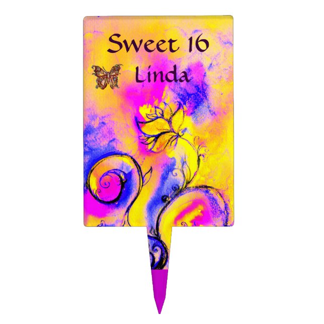 WHIMSICAL FLOWERS & BUTTERFLIES  pink yellow blue Cake Topper (Front)