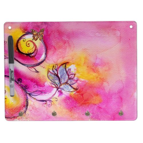 WHIMSICAL FLOWERS  BUTTERFLIES  pink yellow blue Dry Erase Board With Keychain Holder