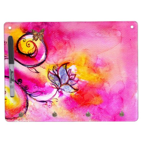 WHIMSICAL FLOWERS  BUTTERFLIES  pink yellow blue Dry Erase Board With Keychain Holder