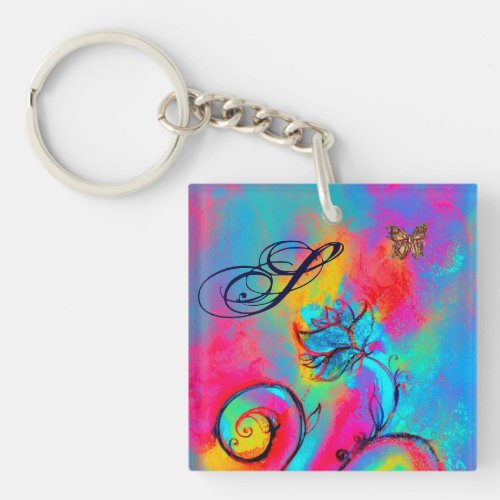 WHIMSICAL FLOWERS  BUTTERFLIES pink yellow blue Keychain