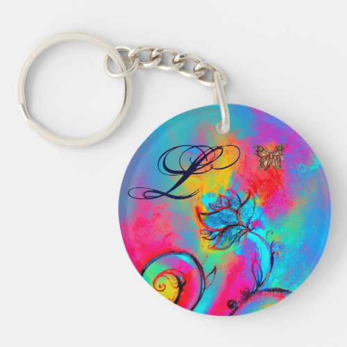 WHIMSICAL FLOWERS  BUTTERFLIES pink yellow blue Keychain