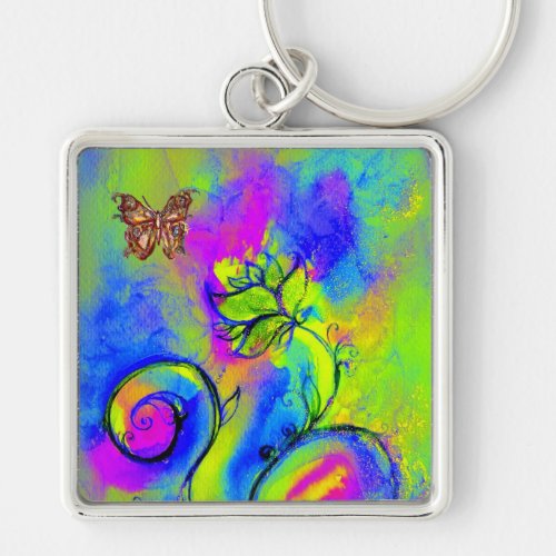 WHIMSICAL FLOWERS  BUTTERFLIES pink yellow blue Keychain