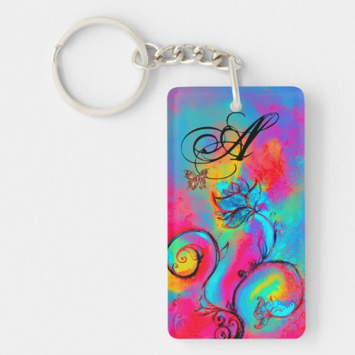 WHIMSICAL FLOWERS  BUTTERFLIES pink yellow blue Keychain