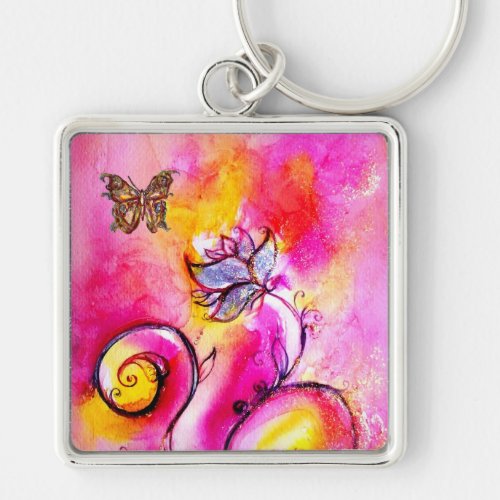 WHIMSICAL FLOWERS  BUTTERFLIES pink yellow blue Keychain