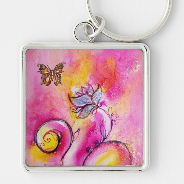 WHIMSICAL FLOWERS & BUTTERFLIES pink yellow blue Keychain (Front)