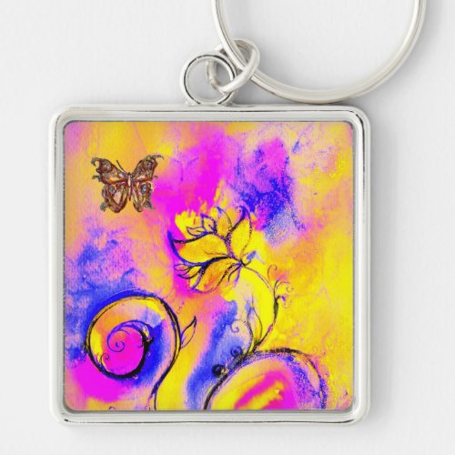 WHIMSICAL FLOWERS  BUTTERFLIES pink yellow blue Keychain