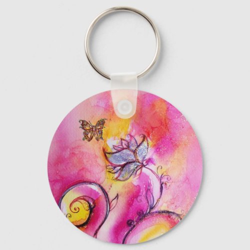 WHIMSICAL FLOWERS  BUTTERFLIES pink yellow blue Keychain