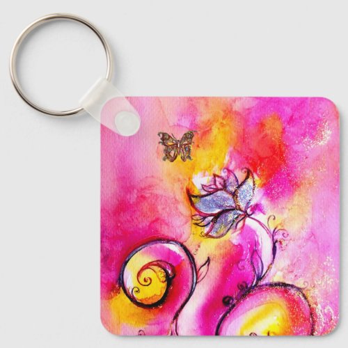 WHIMSICAL FLOWERS  BUTTERFLIES pink yellow blue Keychain