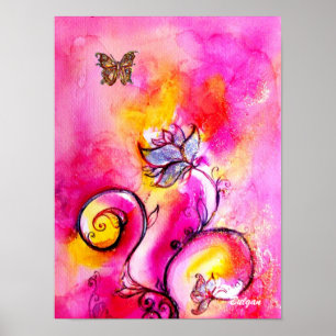 WHIMSICAL FLOWERS & BUTTERFLIES  pink yellow blue Poster