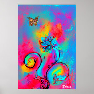 WHIMSICAL FLOWERS & BUTTERFLIES  pink yellow blue Poster