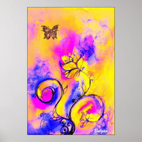 WHIMSICAL FLOWERS  BUTTERFLIES  pink yellow blue Poster