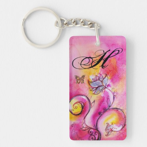 WHIMSICAL FLOWERS  BUTTERFLIES pink yellow purple Keychain
