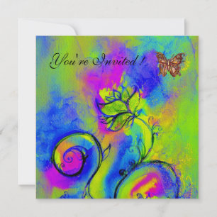 WHIMSICAL FLOWERS & BUTTERFLIES purple blue green Invitation