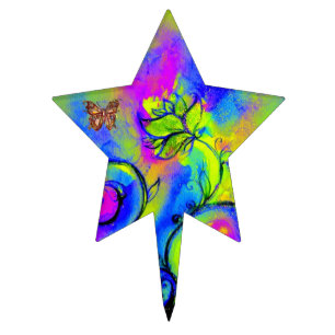 WHIMSICAL FLOWERS & BUTTERFLIES purple blue yellow Cake Topper