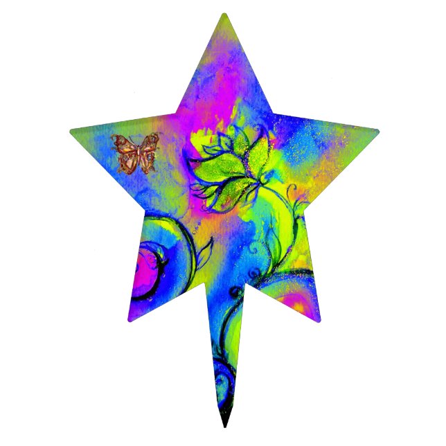 WHIMSICAL FLOWERS & BUTTERFLIES purple blue yellow Cake Topper (Front)