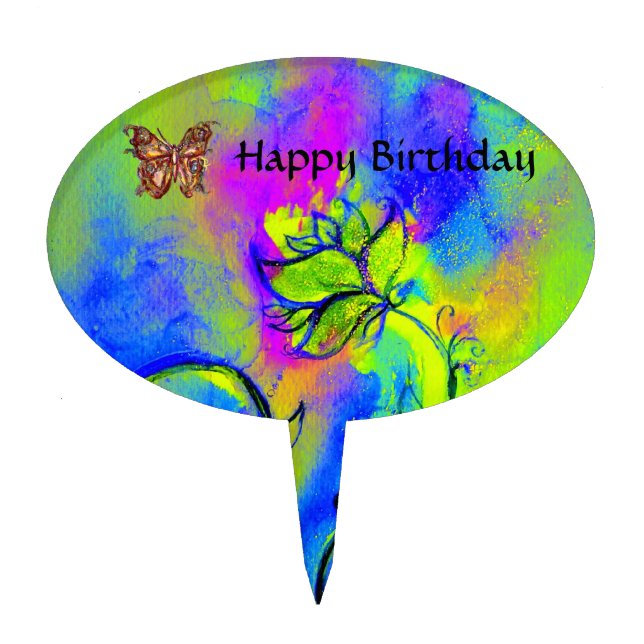 WHIMSICAL FLOWERS & BUTTERFLIES purple blue yellow Cake Topper (Front)