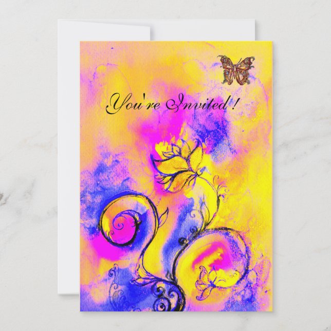 WHIMSICAL FLOWERS & BUTTERFLIES purple yellow pink Invitation (Front)