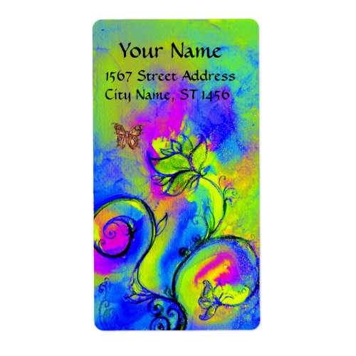 WHIMSICAL FLOWERS  BUTTERFLY blue green yellow Label