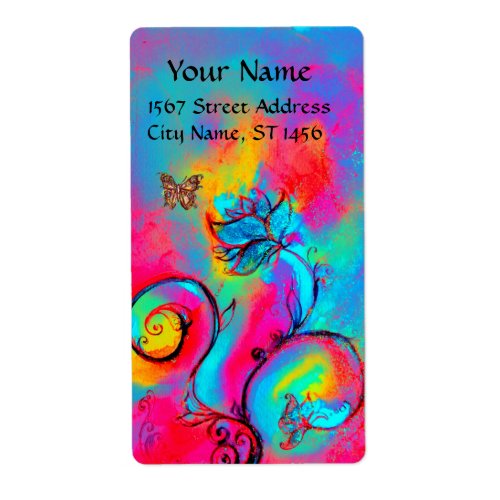 WHIMSICAL FLOWERS  BUTTERFLY blue pink yellow Label