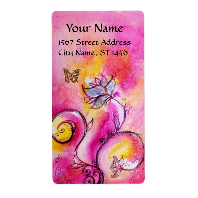 WHIMSICAL FLOWERS & BUTTERFLY pink yellow sparkles Label (Front)