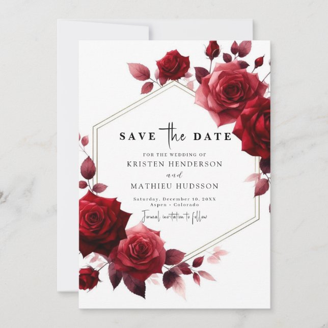 Whimsical Flowers Crimson Red Wedding Save The Date (Front)