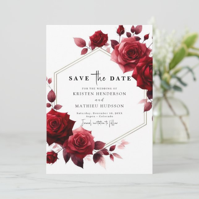 Whimsical Flowers Crimson Red Wedding Save The Date (Standing Front)