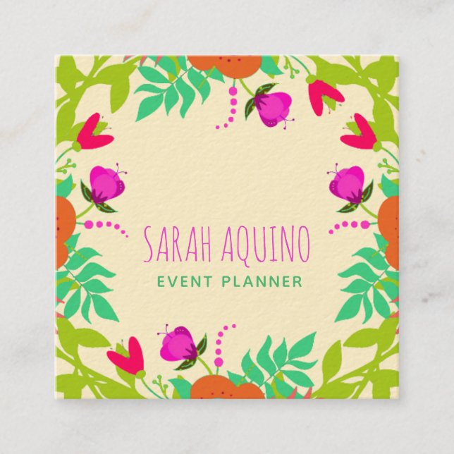 Whimsical Flowers Floral Event Planner Square Business Card (Front)