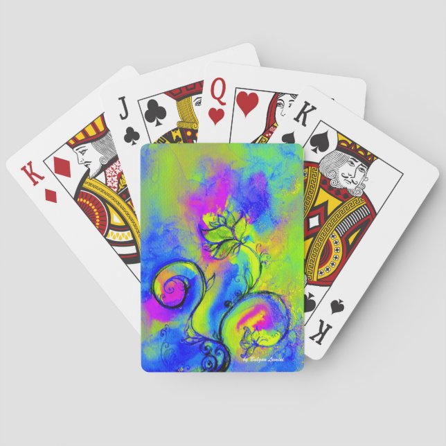 WHIMSICAL FLOWERS,FLORAL SWIRLS Blue Green Pink Poker Cards (Back)