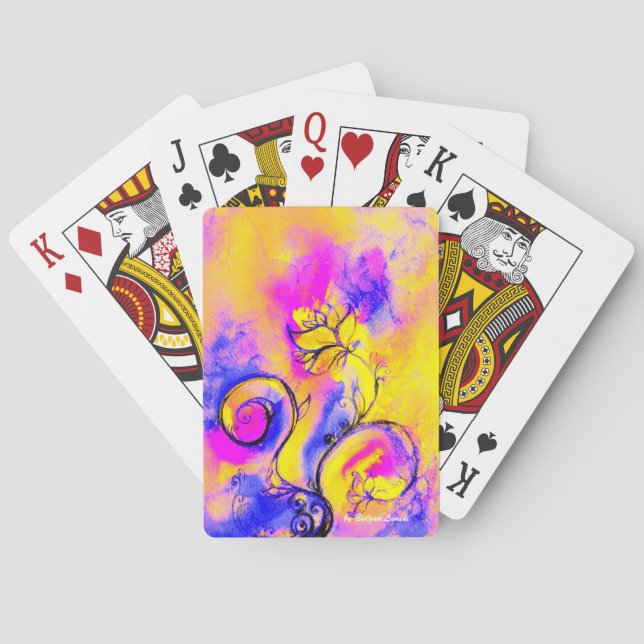 WHIMSICAL FLOWERS,FLORAL SWIRLS Pink Yellow Blue  Poker Cards (Back)