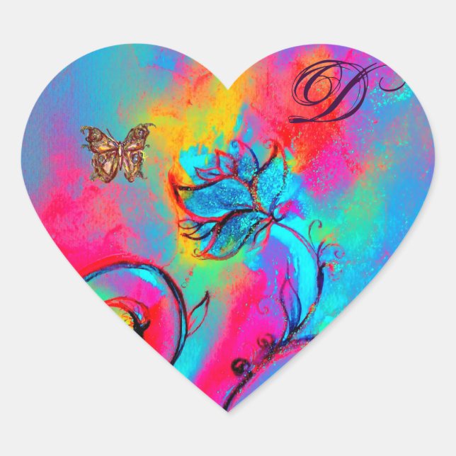 WHIMSICAL FLOWERS, GOLD BUTTERFLY HEART MONOGRAM STICKER (Front)