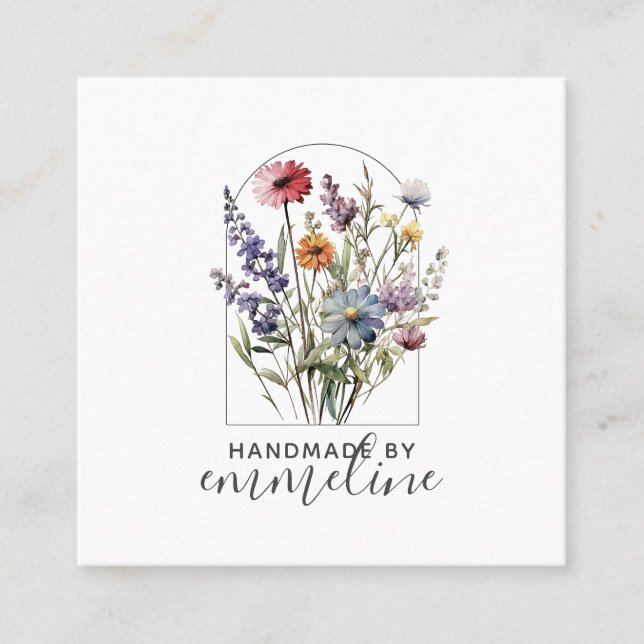 Whimsical Flowers Handmade By Craftsman  Square Business Card (Front)