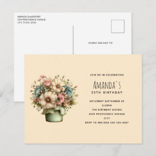 Whimsical Flowers in a Planter Pot Birthday Invitation Postcard