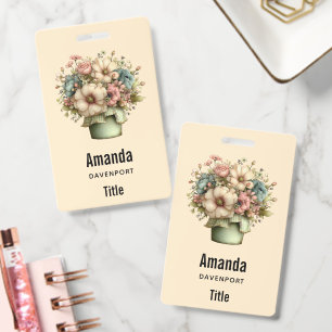 Whimsical Flowers in a Planter Pot Cute Badge