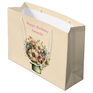 Whimsical Flowers in a Planter Pot Cute Birthday Large Gift Bag