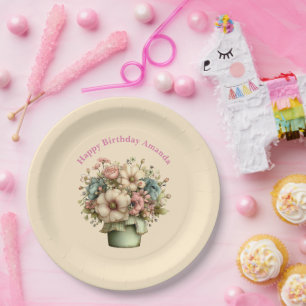 Whimsical Flowers in a Planter Pot Cute Birthday Paper Plates