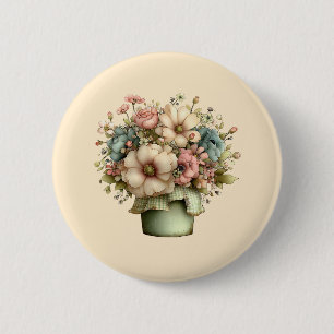 Whimsical Flowers in a Planter Pot Cute Button