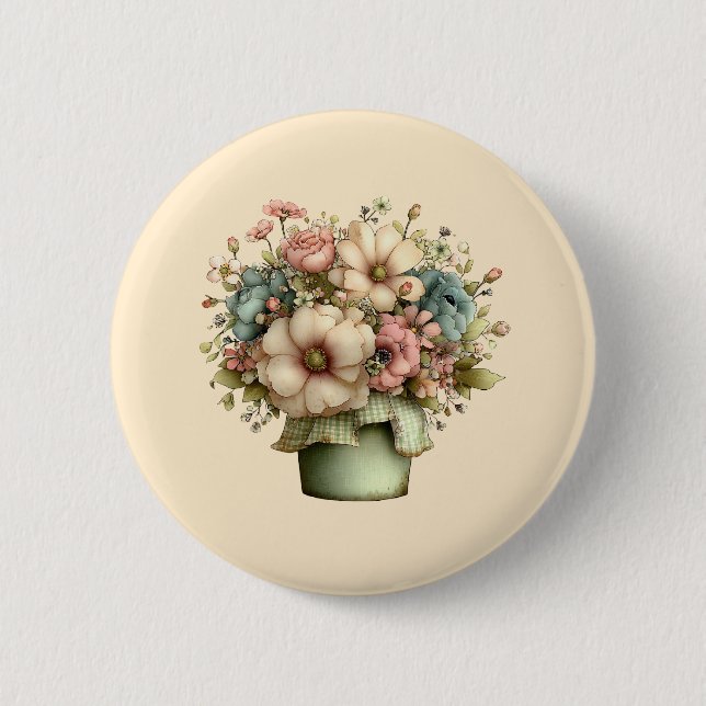 Whimsical Flowers in a Planter Pot Cute Button (Front)