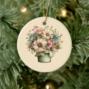 Whimsical Flowers in a Planter Pot Cute Ceramic Ornament