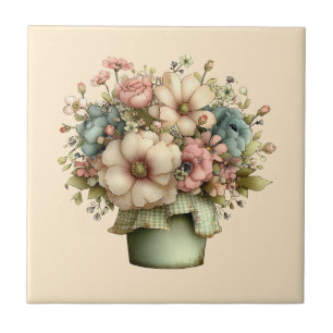 Whimsical Flowers in a Planter Pot Cute Ceramic Tile