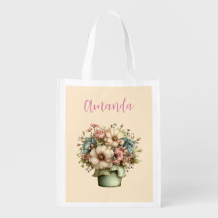 Whimsical Flowers in a Planter Pot Cute Grocery Bag