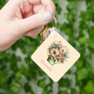 Whimsical Flowers in a Planter Pot Cute Keychain