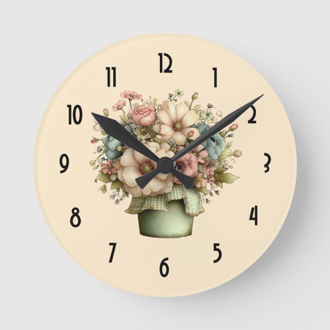 Whimsical Flowers in a Planter Pot Cute Round Clock (Front)
