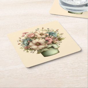 Whimsical Flowers in a Planter Pot Cute Square Paper Coaster
