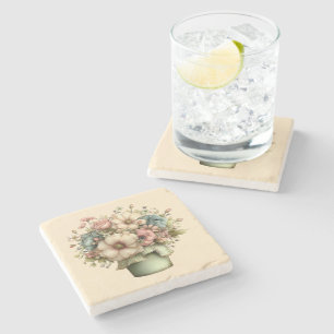 Whimsical Flowers in a Planter Pot Cute Stone Coaster