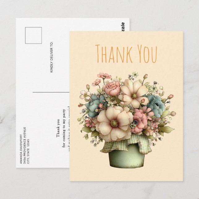 Whimsical Flowers in a Planter Pot Cute Thank You Postcard (Front/Back)